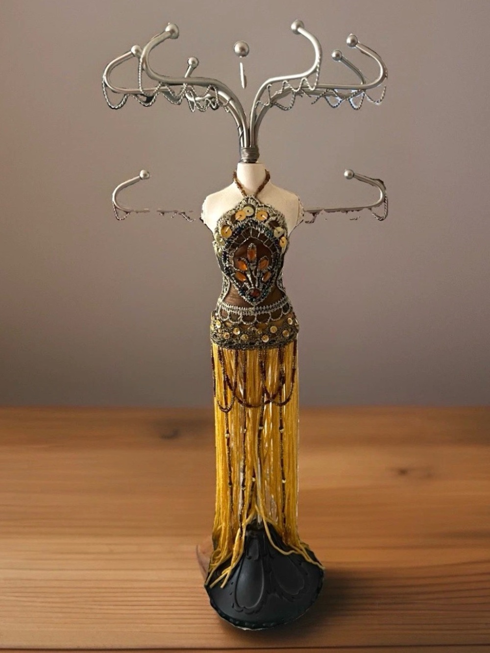 Glitzy 1920s Flapper Mannequin Jewelry Tower Beaded Fringe Dress Form Display